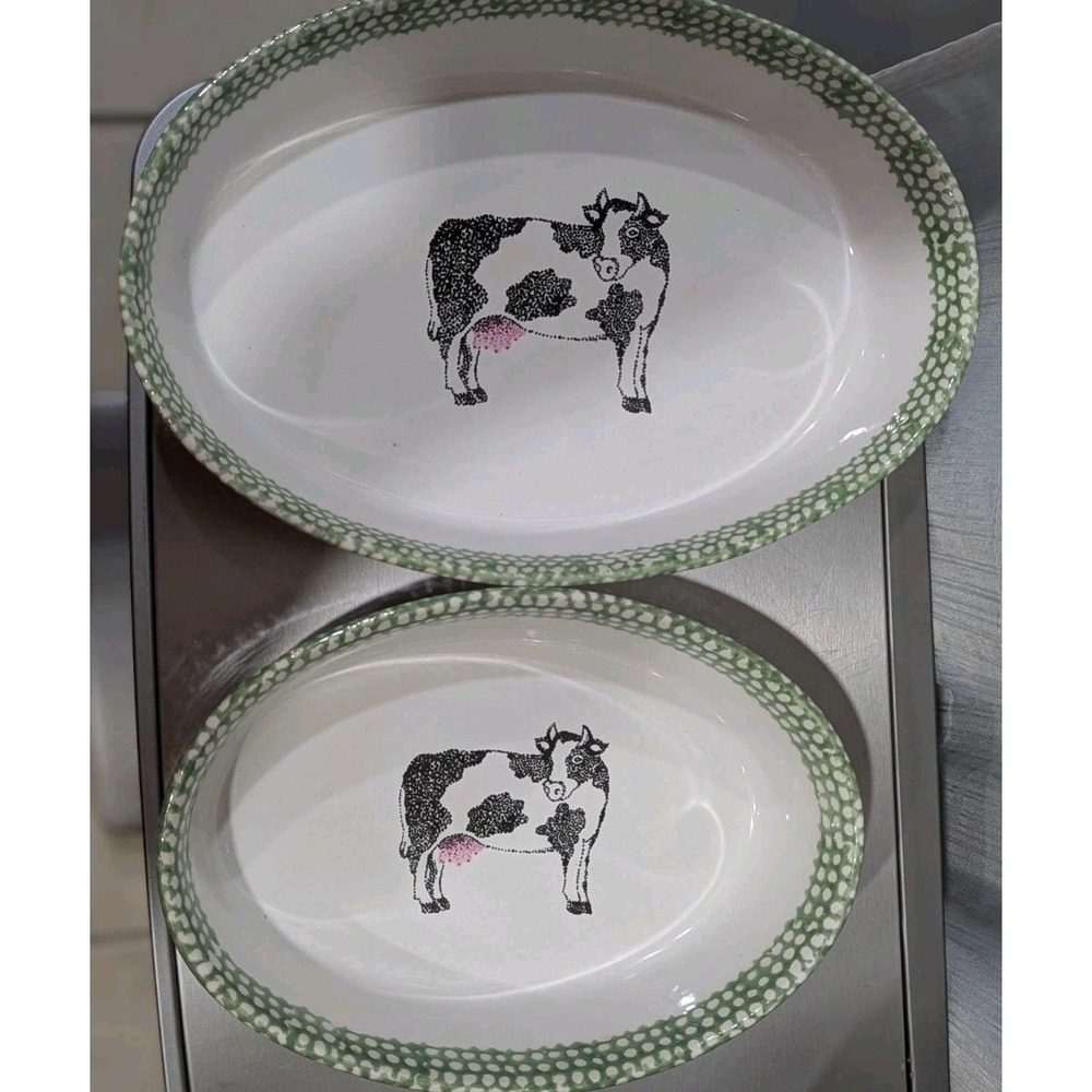 Vintage Teamson Oval‎ Baking Casserole Dishes Cow Pattern 1995 Set Of 2